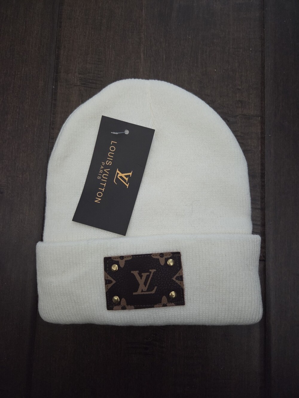 White Knit Beanie with LV Logo Patch